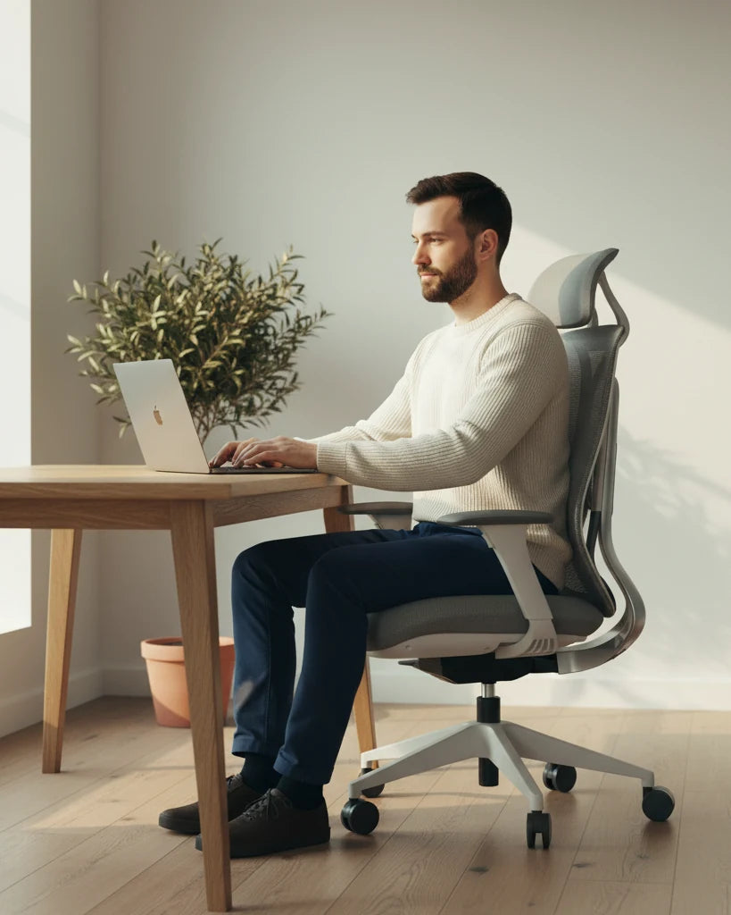 Mees töötab laua taga, istudes Ergonix OmniSit Pro ergonoomilises toolis