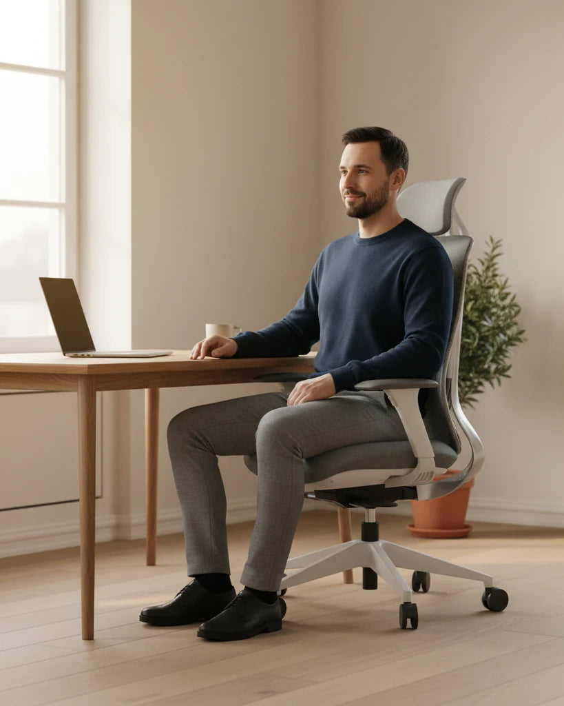 Mees töötab rahulikult Ergonix OmniSit Pro ergonoomilises toolis