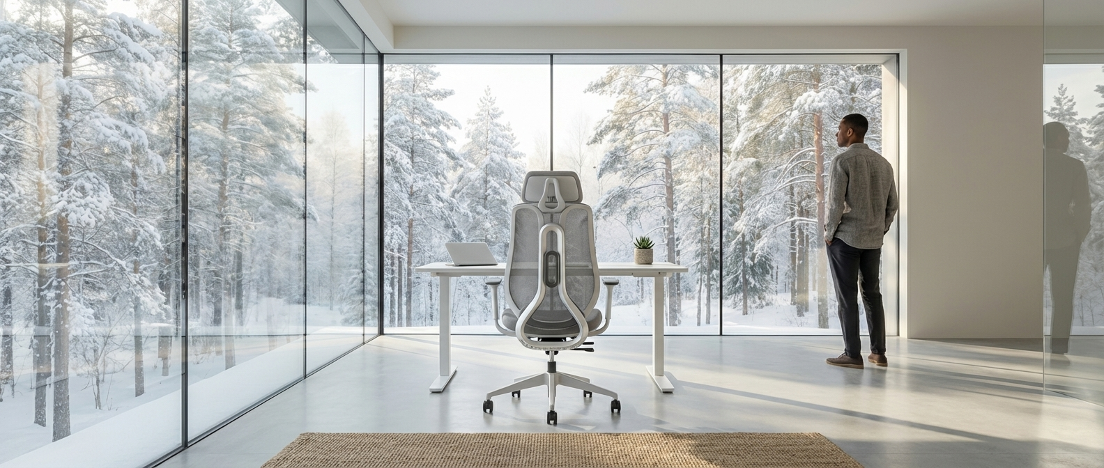 OmniSit Pro minimalistlikus klaaskontoris metsavaatega