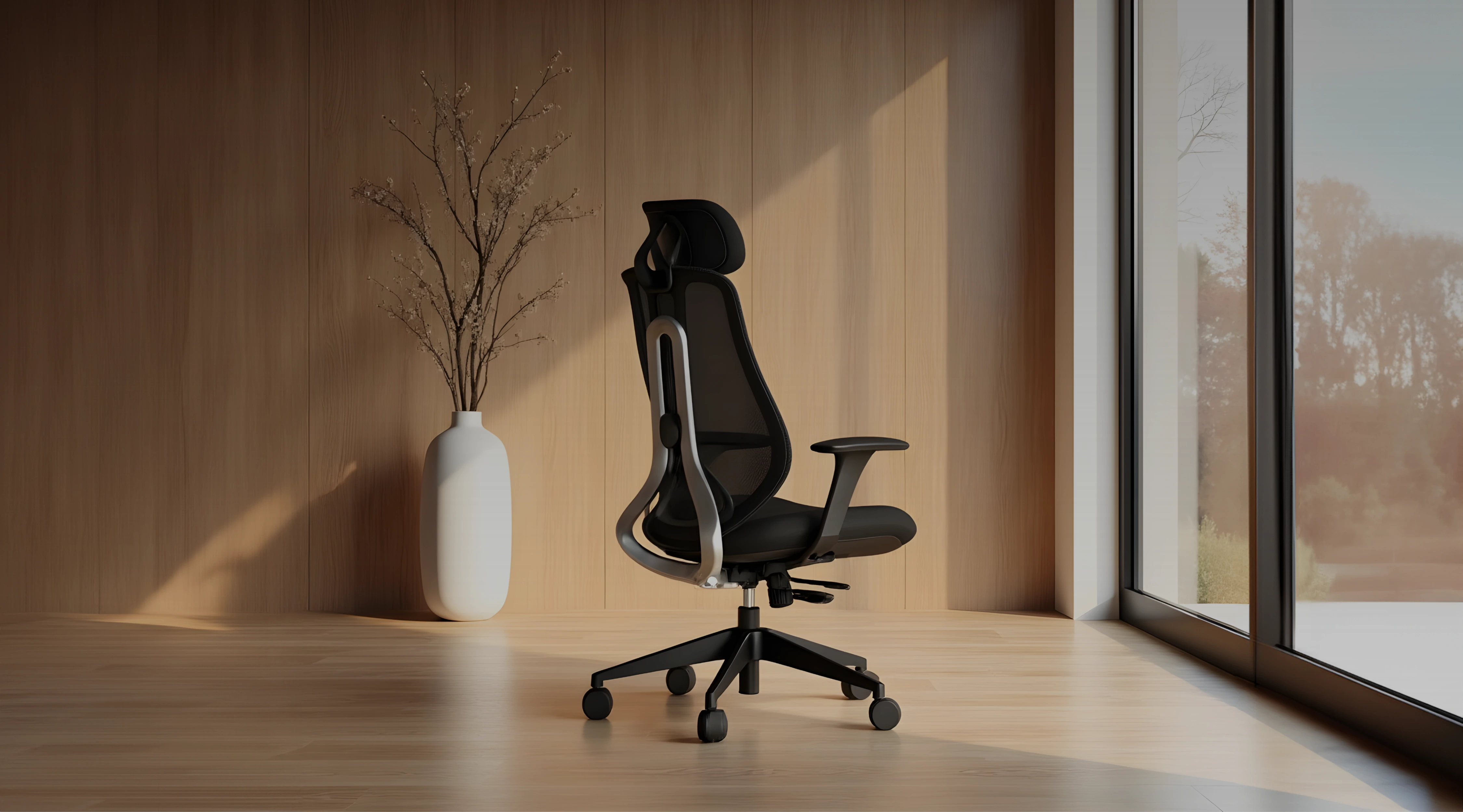 Ergonoomiline töökoht soojas minimalistlikus toas
